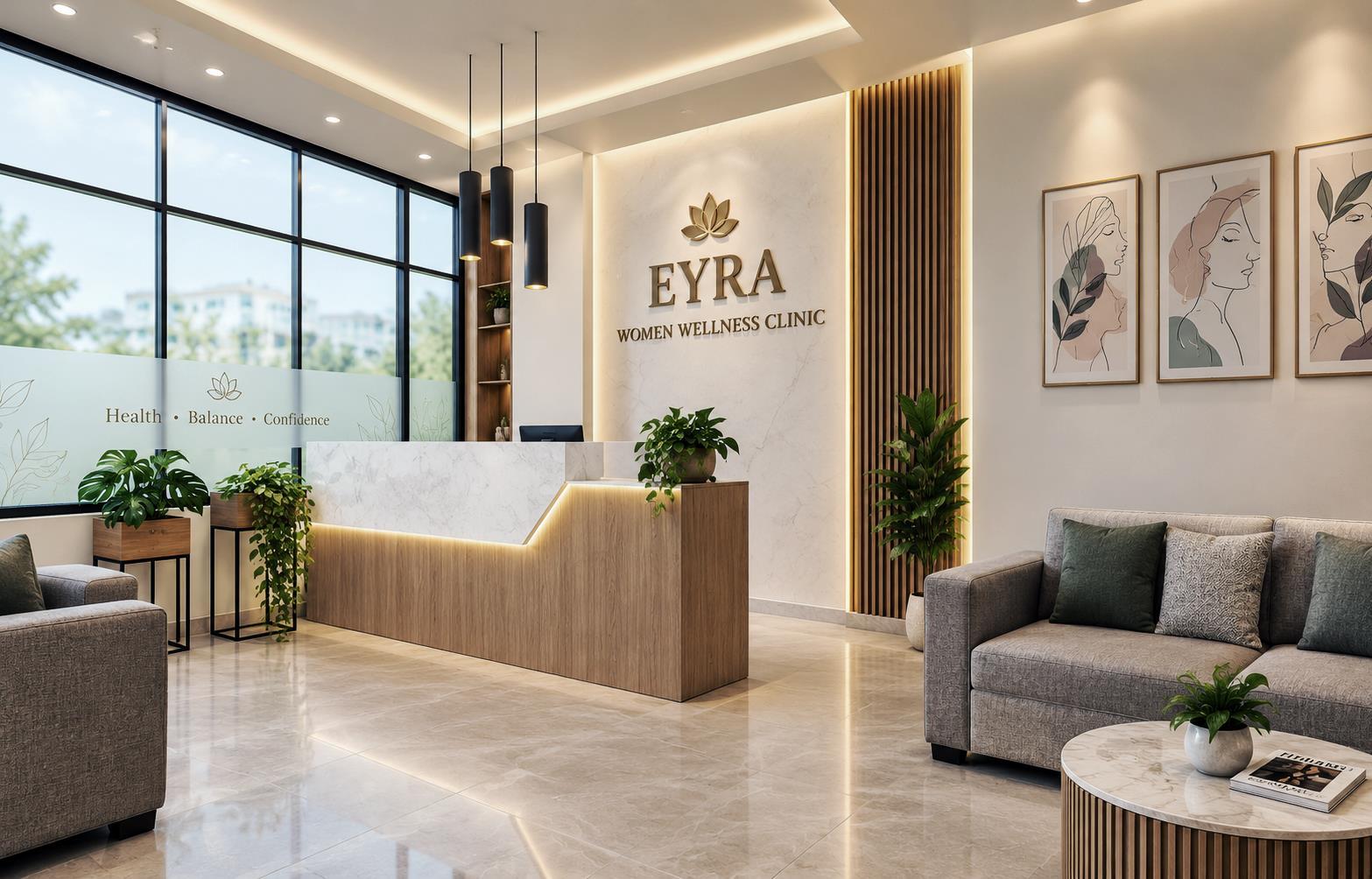 Eyra reception — a marble and walnut desk beneath the Eyra lotus mark, with soft seating by a full-height window